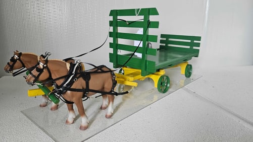 2 BELGIAN MARE TEAM WITH JD PAINTED WAGON