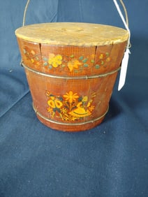 PRIMITIVE NEW ENGLAND WOOD STAVED LIDDED / HANDLED SUGAR PAIL