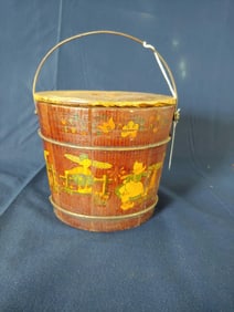 PRIMITIVE NEW ENGLAND WOOD STAVED LIDDED / HANDLED SUGAR PAIL
