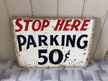 COCA-COLA PARTIAL FRAMED TIN SIGN W/ 50 CENT PARKING TO REVERSE