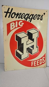 SST EMBOSSED HONEGGER'S BIG H FEEDS VINTAGE SIGN