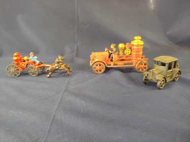 CAST IRON LOT INC. HORSE DRAWN FIRE WAGON, CAR AND FIRE ENGINE