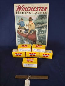 WINCHESTER SST NEWER SIGN AND 6 EMPTY CENTER FIRE CARTRIDGE BOXES W/ WINCHESTER FILE