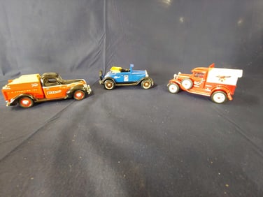 LIBERTY CLASSICS LOT OF 3 SCALE MODEL ADVERTISING LOCKING COIN  BANKS W/ KEYS