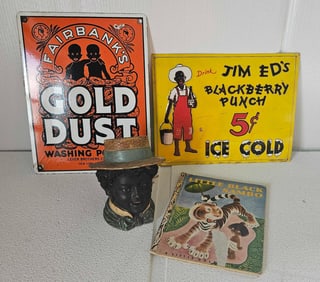 BLACK AMERICANA FIGURAL TOBACCO JAR, SAMBO BOOK, PUNCH SIGN AND GOLD DUST SIGN LOT