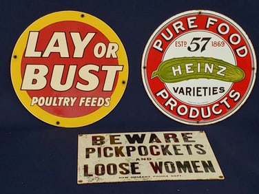 HEINZ, POULTRY, AND PICKPOCKET PORCELAIN SIGNS