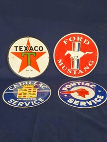 TEXACO, FORD MUSTANG, CADILLAC, AND PONTIAC PORCELAIN SIGNS