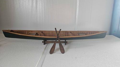 HANDCRAFTED ADIRONDACK BIRCH WOOD SALESMAN SAMPLE CANOE W/ OARS