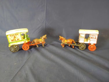 CAST IRON HORSE DRAWN MILK WAGONS LOT OF 2