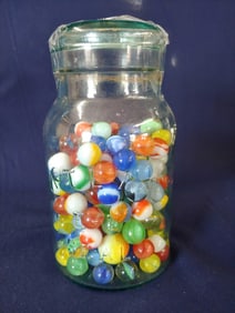 VINTAGE ATLAS JAR W/ LARGE LOT OF EARLY MARBLES