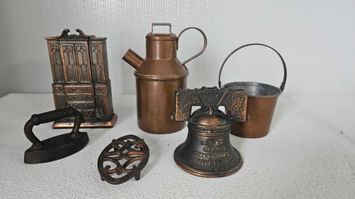 CAST IRON AND COPPER LOT INC. BANKS, TRIVET, SAD IRON AND MORE