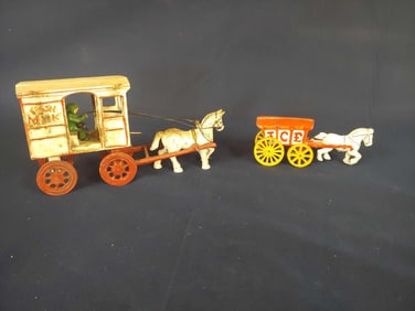 CAST IRON ICE AND MILK HORSE DRAWN WAGONS