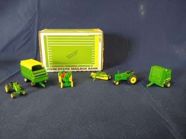 ERTL JOHN DEERE MAILBOX BANK AND ASSORTED FARM IMPLEMENT MINIATURES