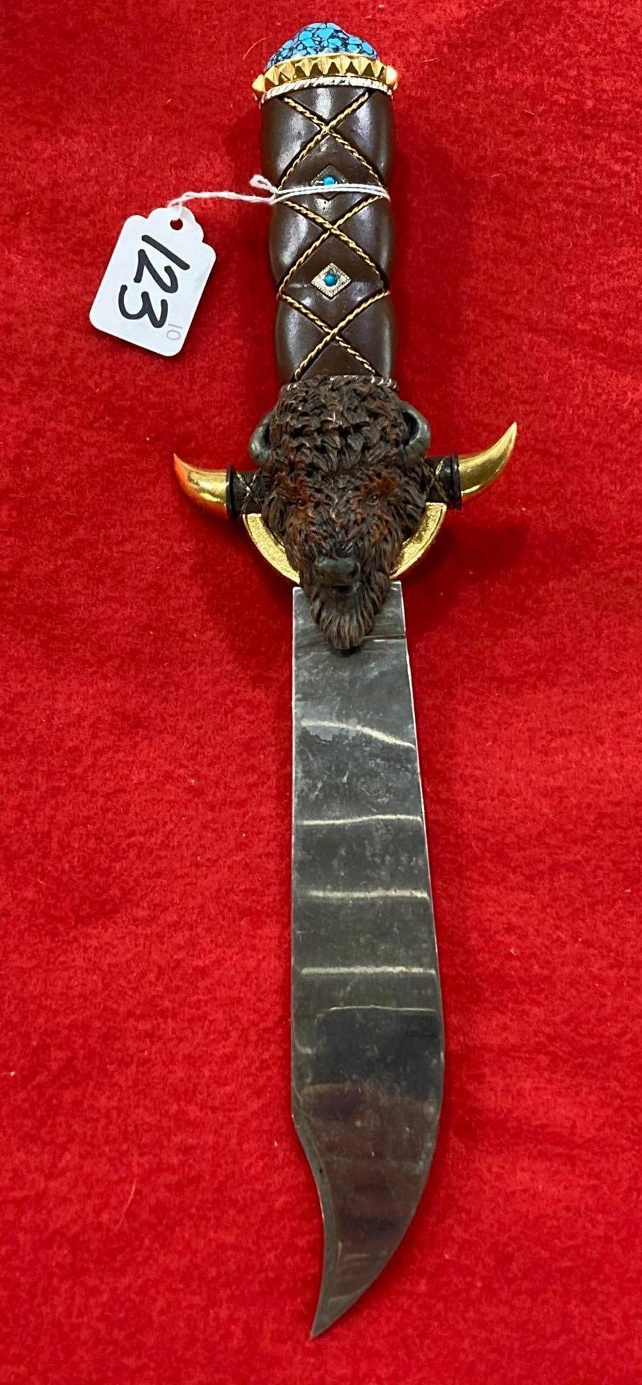 BUFFALO HEAD DECORATED FIXED BLADE KNIFE (1 of 6)