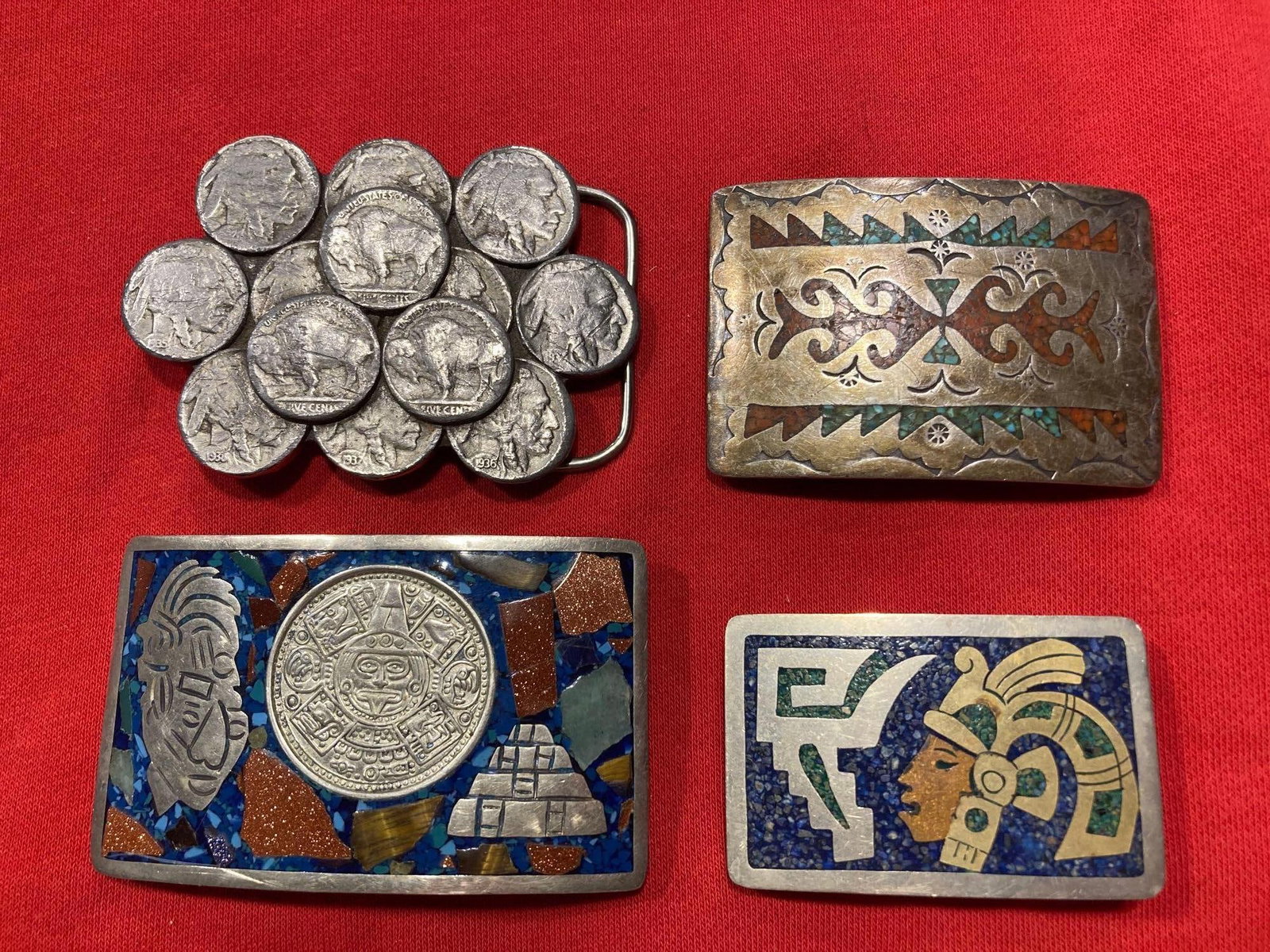 MEXICAN SILVER AND BUFFALO HEAD NICKEL BELT BUCKLES: LOT OF 4