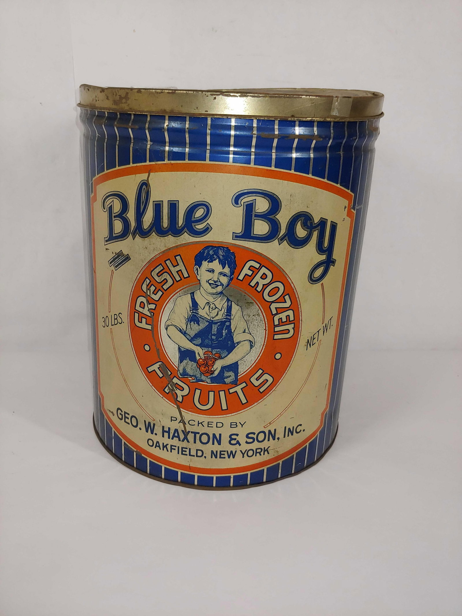 Blue Boy Fresh Frozen Fruits tin: 10in diameter 12in tall.