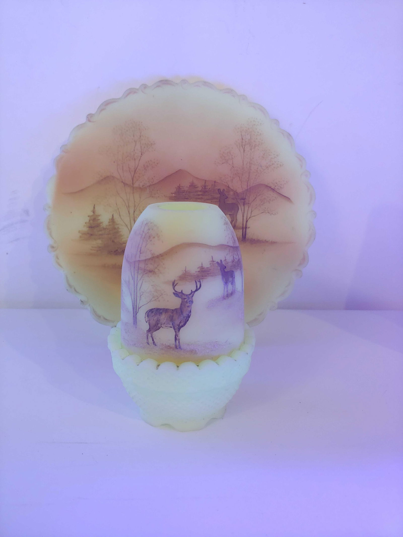 HAND PAINTED FENTON DEER PLATE AND CANDLE HOLDER (1 of 8)