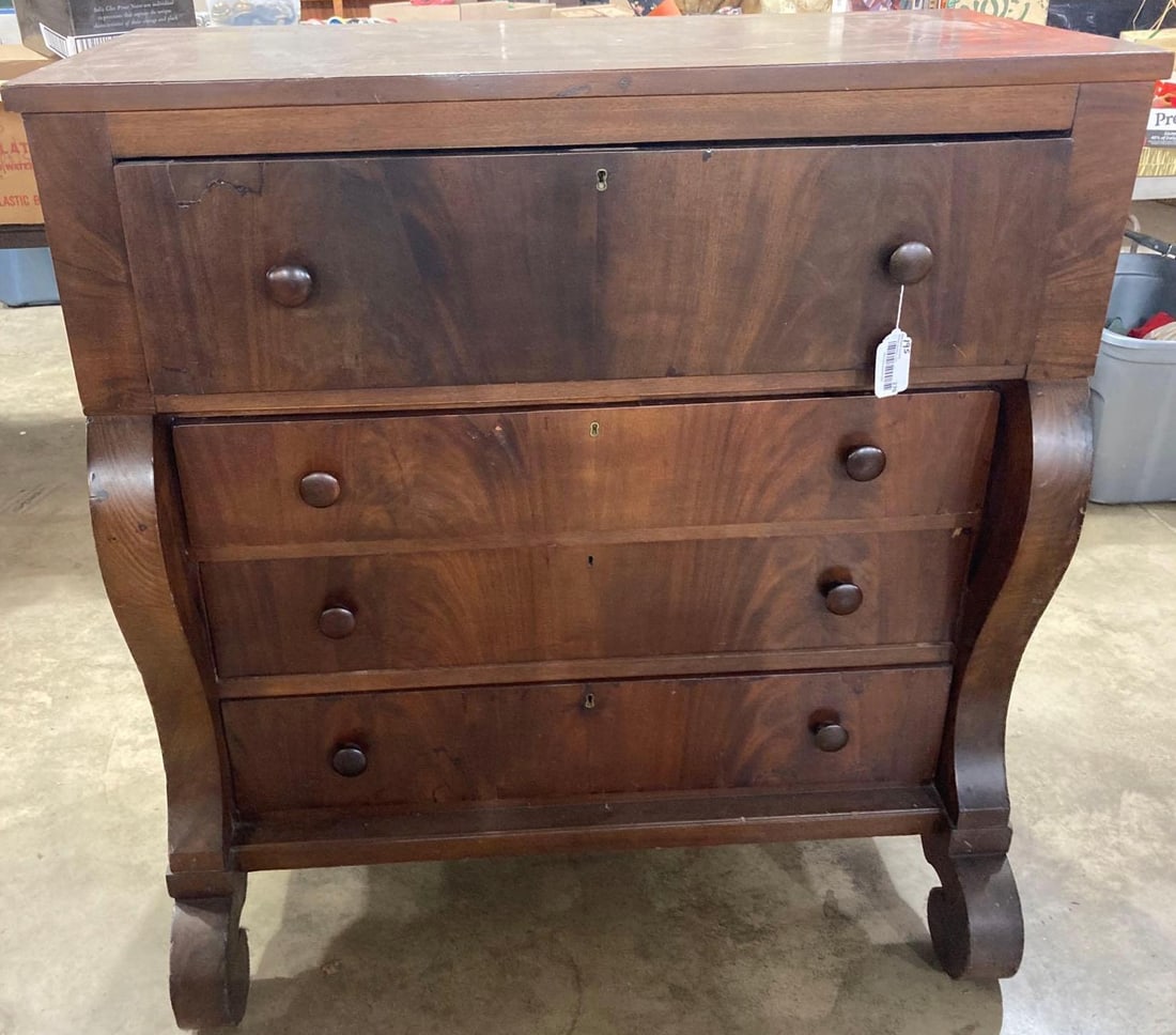EMPIRE CHEST OF DRAWERS: TOP DRAWER FOLDS DOWN TO REVEAL 6 DRAWERS AND SEVERAL SMALL CUBBIES. TOP SHOWS SOME MINOR SCRATCHES AND SCUFFS. 45X43X20.5