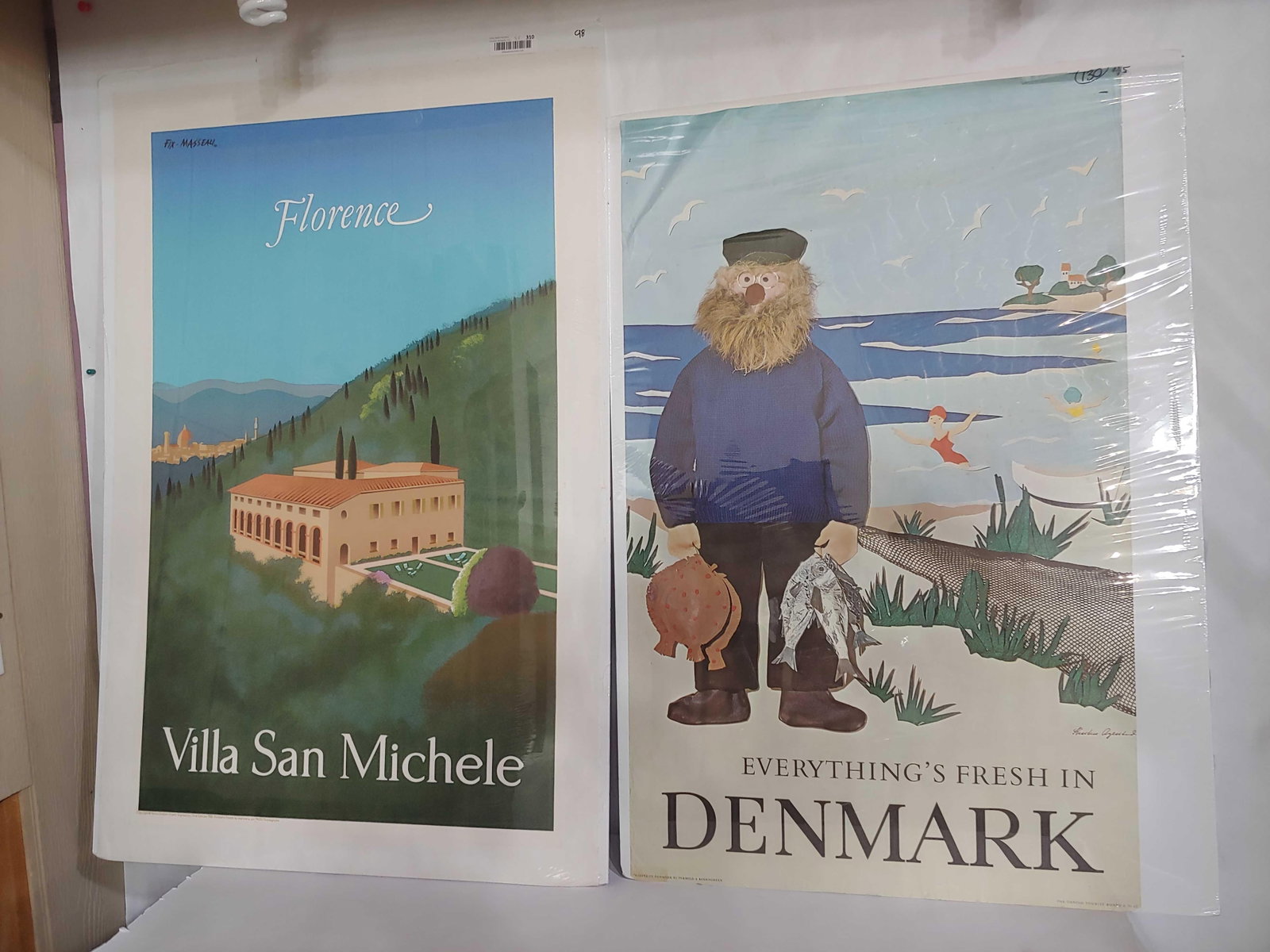 DENMARK AND FLORENCE PRINTS: ONE IS LINEN MOUNTED. BOTH HAVE EXCELLENT COLOR. DENMARK IS 39X25 WITH A FEW SLIGHT FOLDS AND ONE TEAR ALONG TOP EDGE. FLORENCE IN LINEN MOUNTED DATED 1983, MEASURING 42 X 28.5