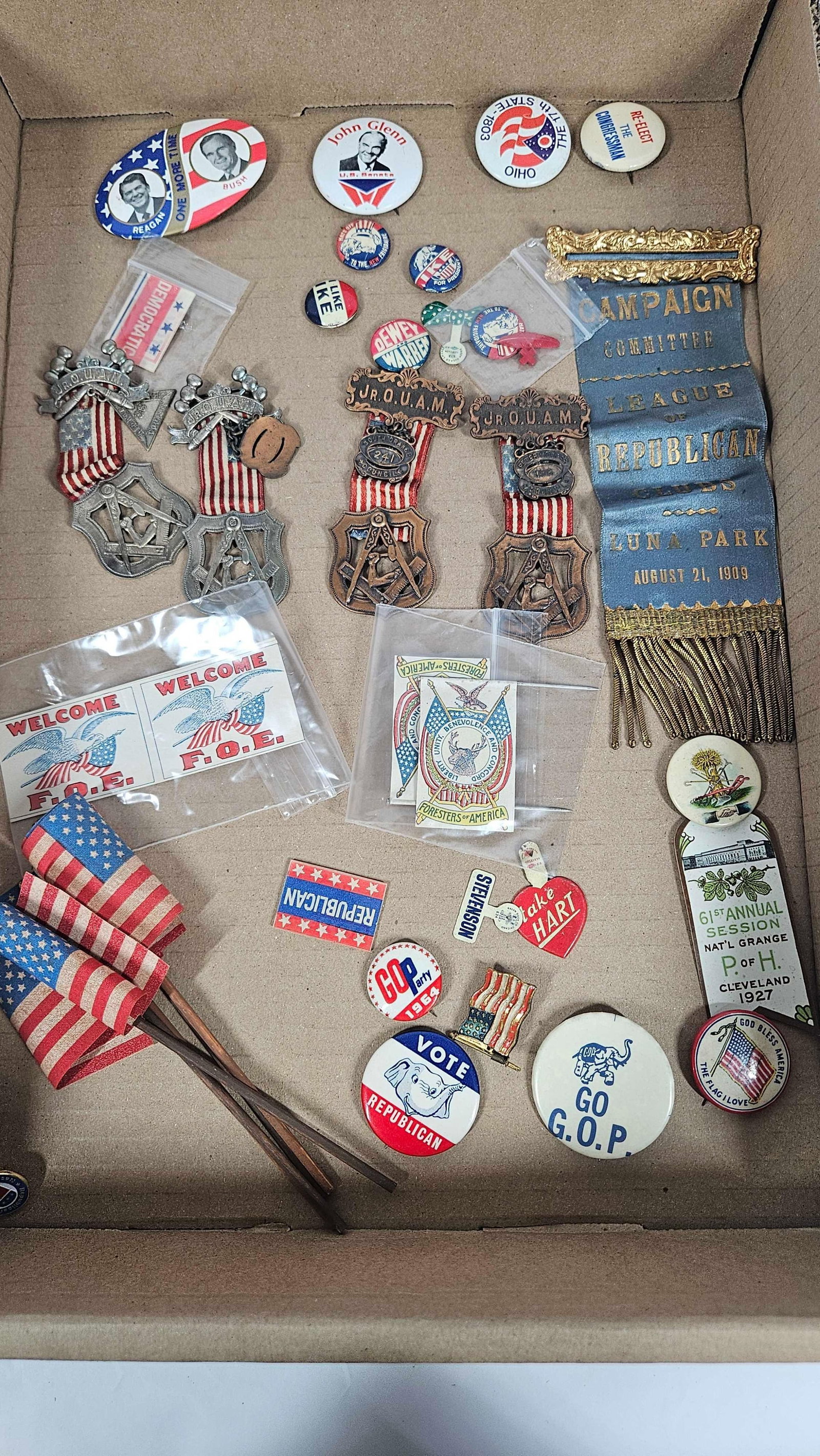 PRESIDENTIAL PINS, AMERICAN MECHANICS RIBBONS AND CAMPAIGN BUTTONS: INCLUDES REPUBLICAN PINS, IKE, BUSH, REGAN, AND MORE. REPUBLICAN CAMPAIGN RIBBON DATED 1909