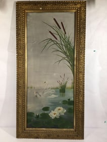Large 48" Victorian Swan oil on canvas painting