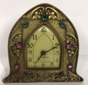 Opulent 1930s New Haven Cathedral clock in jeweled Empire Art Co. frame