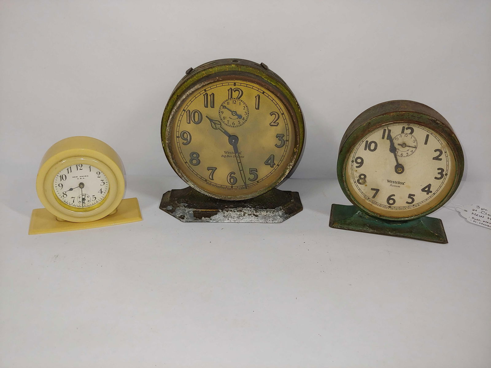 2- Westclox Big Ben & New Haven alarm clocks: Includes a Deluxe and Bantam Big Ben, both work, New Haven does not.