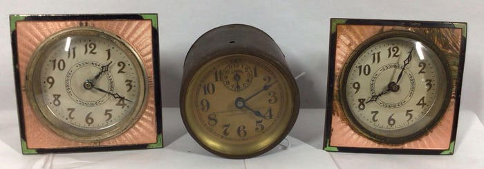 2- New Haven pink enamel & Minneapolis Heat Regulator Co. clocks
