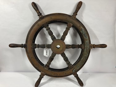 Early wood & brass ships wheel
