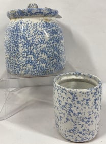 2 Early Blue Spongeware crocks