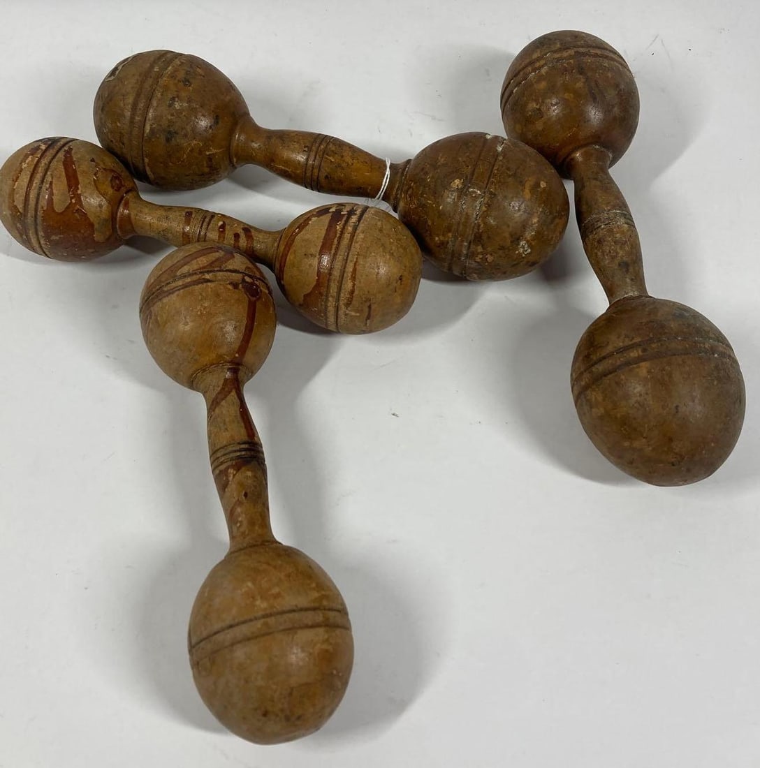 4- Wood c1900 exercise weights: Includes 2- half lb and 2- 1-lb.