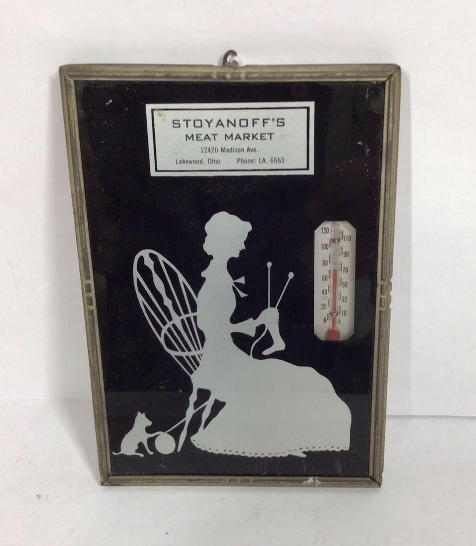 1930s Lakewood, Oh Meat Market adv thermometer: Appears to be accurate. 5in x 7in.