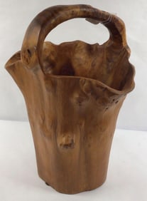 Tall Burl wood handled hand carved bowl/basket