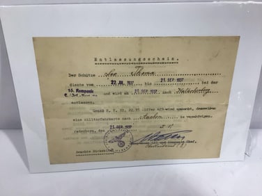 Third Reich 1937 German Military release from duty letter