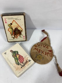 Early handmade Mexican coin purse & NOS playing cards