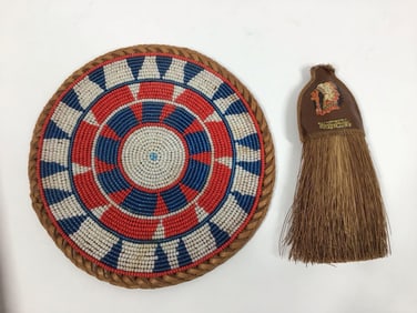 Glass Bead on leather Tribal coaster & Terminal Tower whisk broom