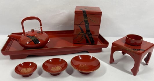 Japanese Red Lacquer Tea Set