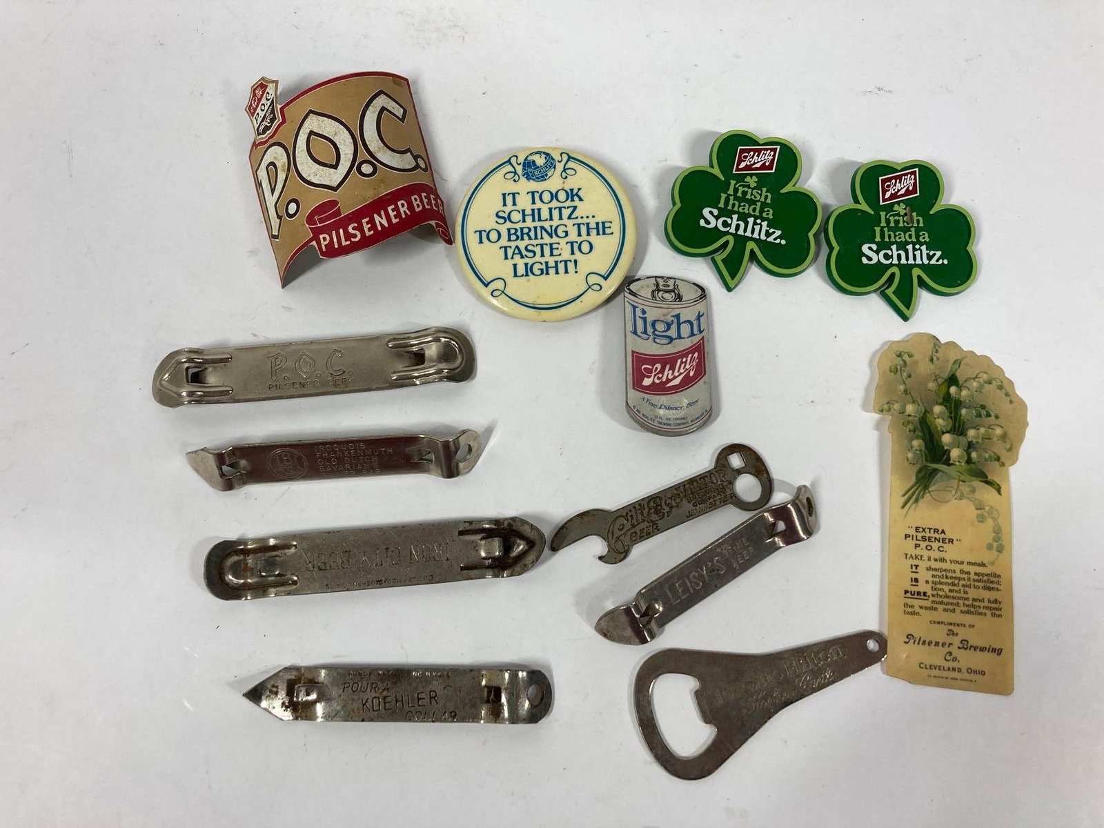 Lot of Breweriana advertising: Includes 4 various Schlitz pins, 7 various bottle openers.
