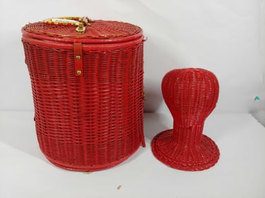 Mid Century Red Wicker Wig Case and Stand