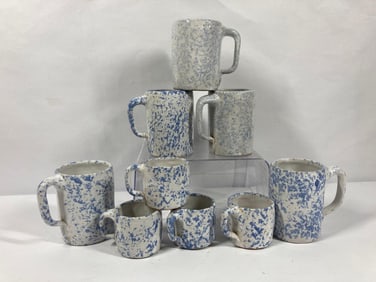 Antique 9pc Blue Spongeware Coffee Mugs & Miniature Demi Mugs Set