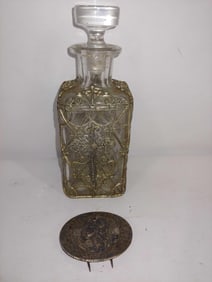 Antique Caged Holy Water Etched Glass Bottle and St. Christopher Pin