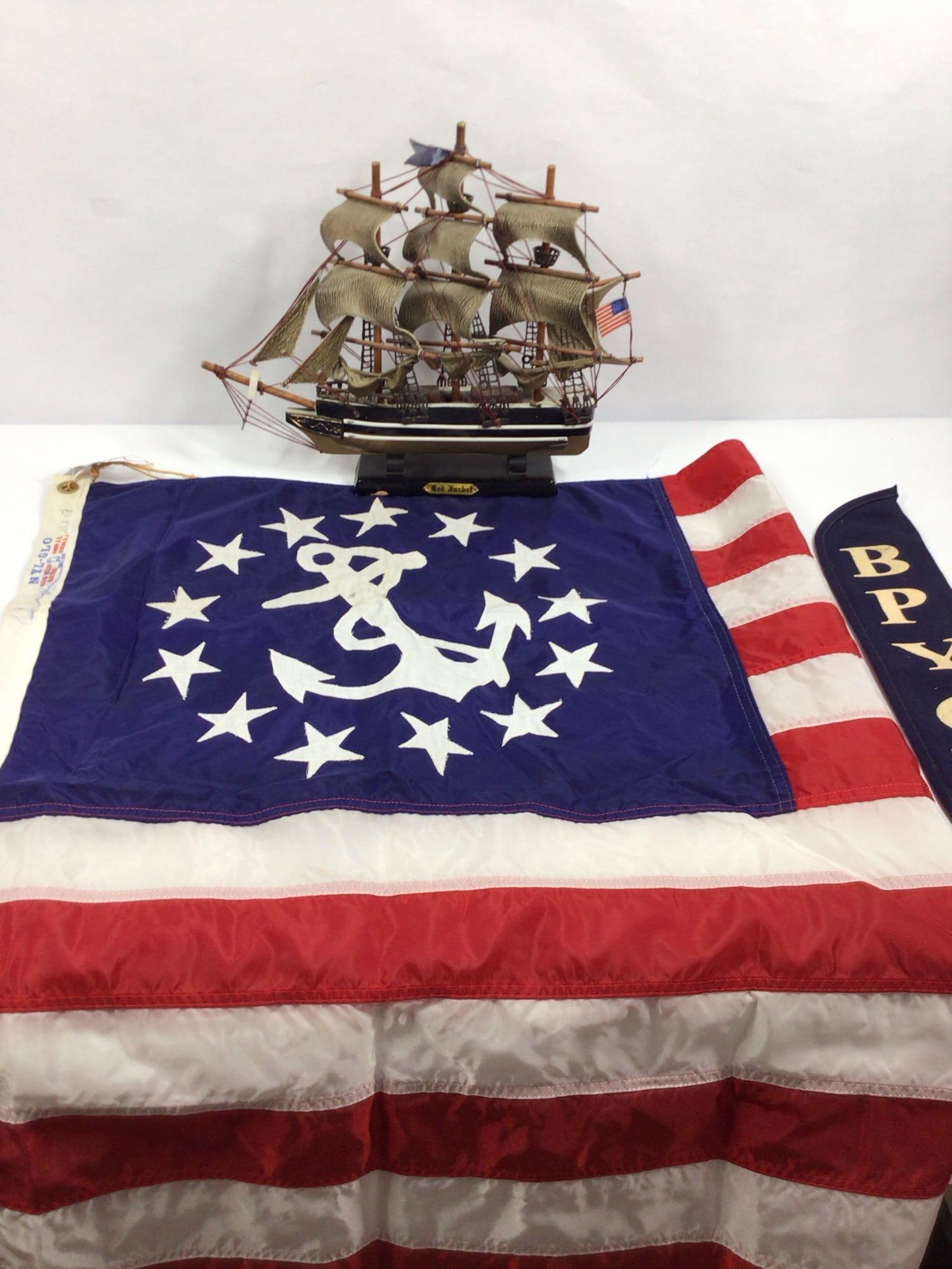 Large Nautical Boat Flag, Clipper Ship Model and Yacht Club Flag: Ship model is 13 x 11