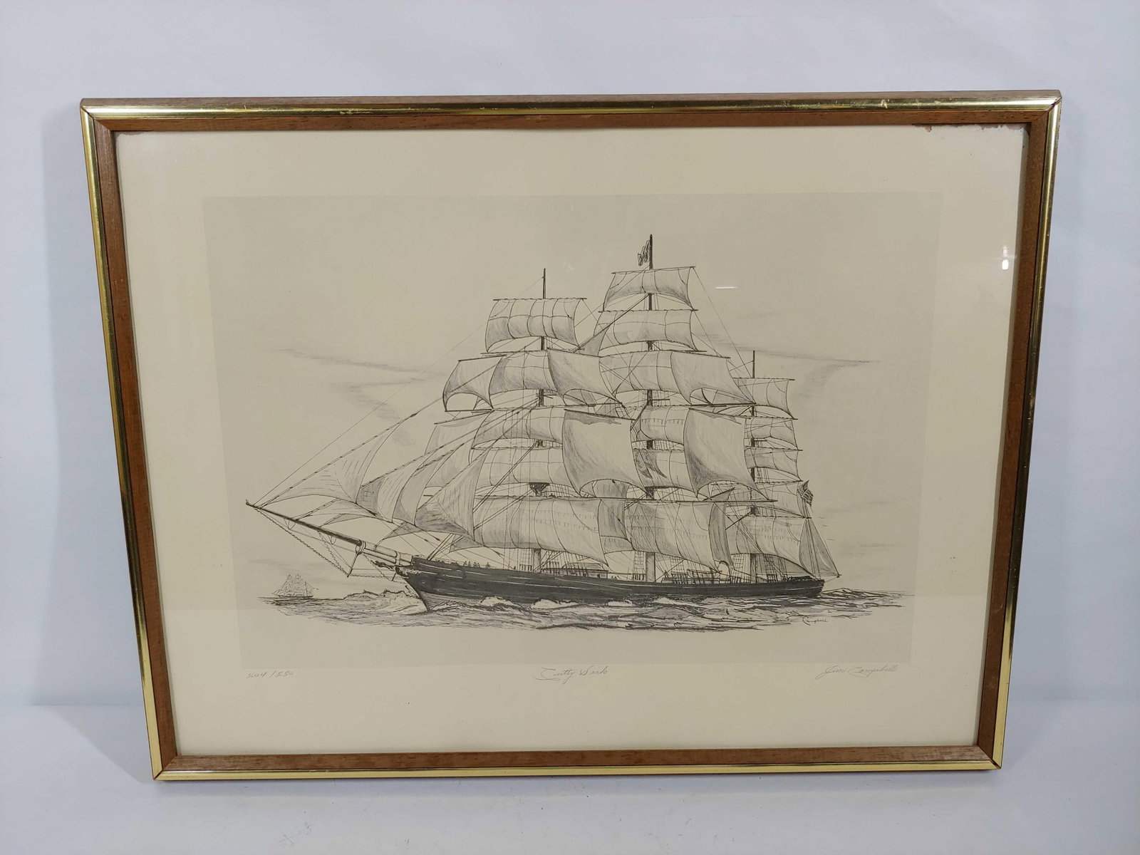 Numbered and Signed Mid Century Jim Campbell Tallship Lithograph: 204 of 250, signed. 25 x 19