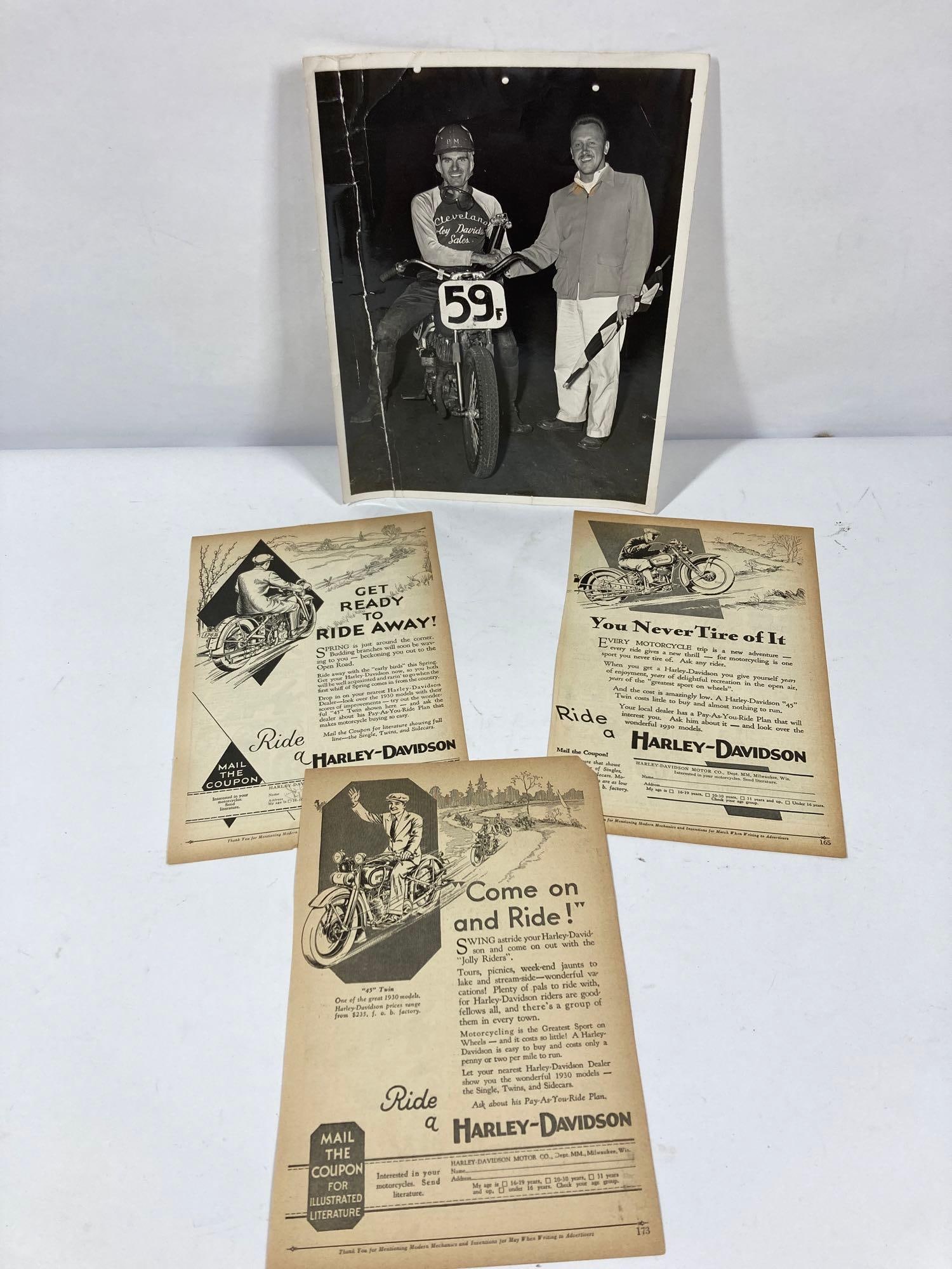 Early Harley-Davidson race photo & Promotional Advertising: Photo has creasing down 1 side and is 8in x 10in.