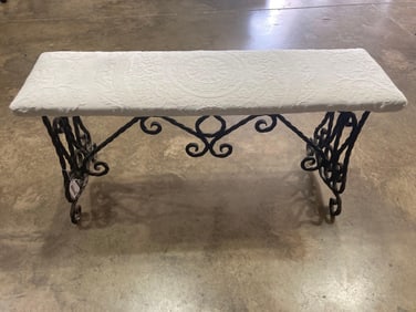Hefty Twisted Wrought Iron Bench with Vintage Coverlet Upholstery