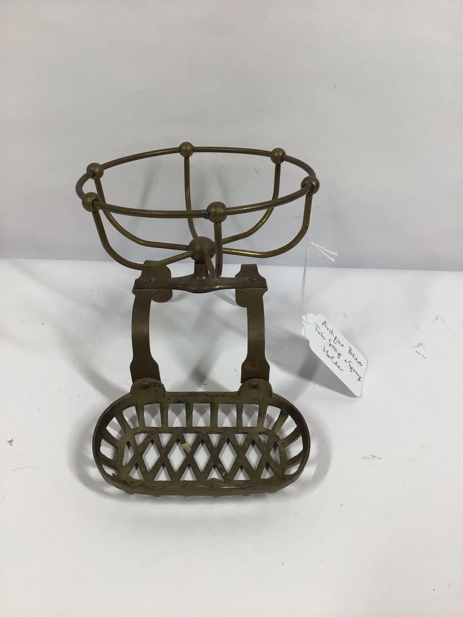 Edwardian era Clawfoot Tub Brass soap, and sponge holder: with mounting brackets and basket. 7x5x7.5