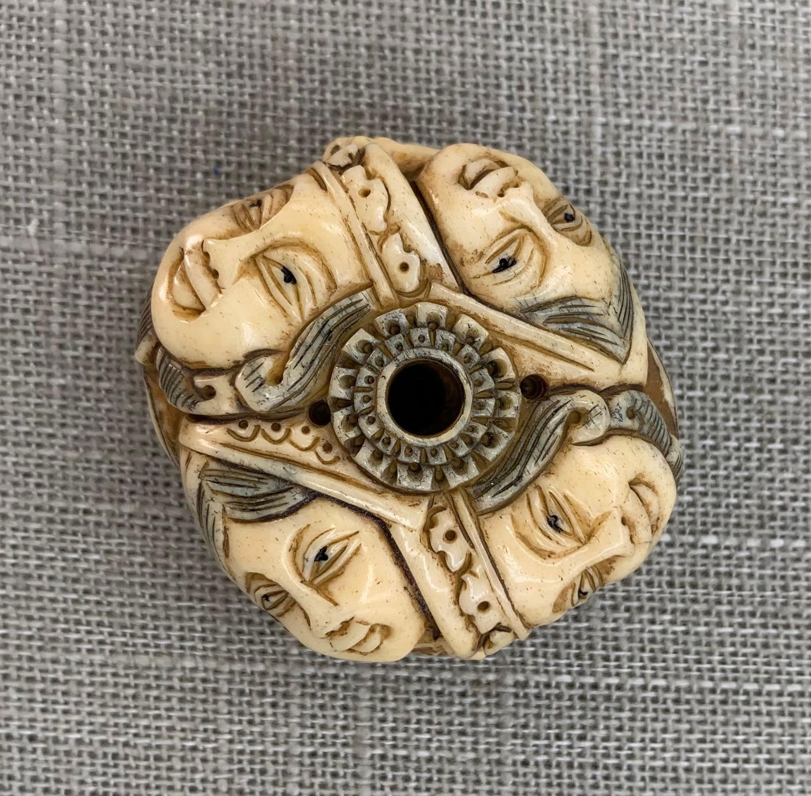 Hand Carved Face Sphere Ball Japanese Netsuke Toggle (1 of 8)