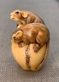 Hand Carved Rats and Apple Japanese Netsuke
