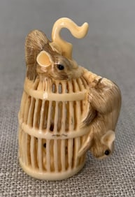 Hand Carved Openwork Rats in Cage Japanese Netsuke