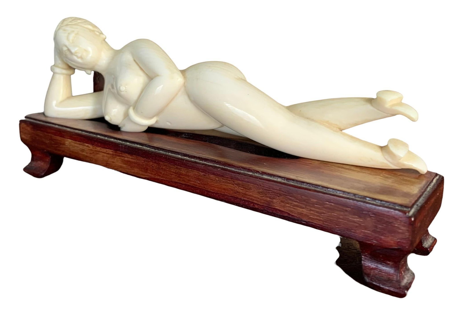 Early Hand Carved Chinese Medical Figural Nude with Wood Bed Base: Hand carved natural material medical nude with wooden bed base, 6" x 2" x 1" figure, 6 1/2" x 2" x 1 1/2" bed.